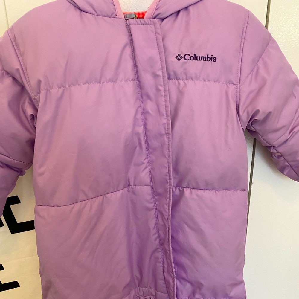 Columbia snowsuit with gold over hands and feet.